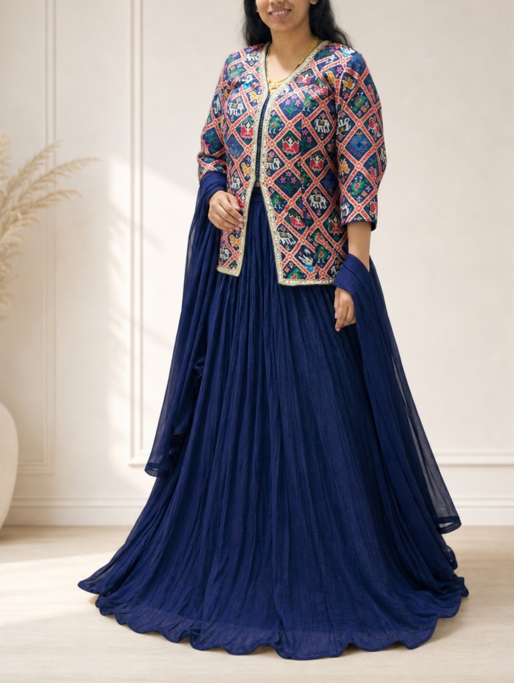 Navy Flared Women's Skirt - Elegant Full-Length Indo Western Dress & Duppatta XL